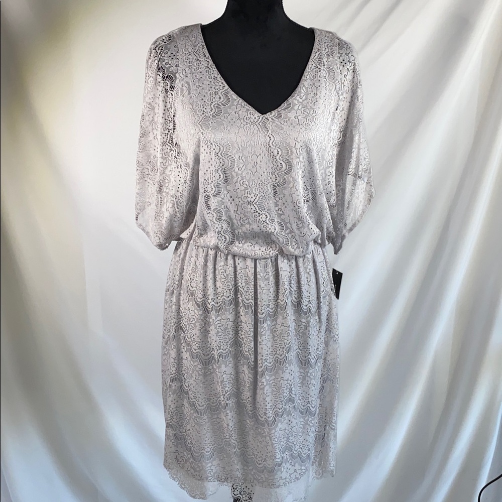 Alfani Gray Lace Lined Midi Dress M NWT Cocktail Party